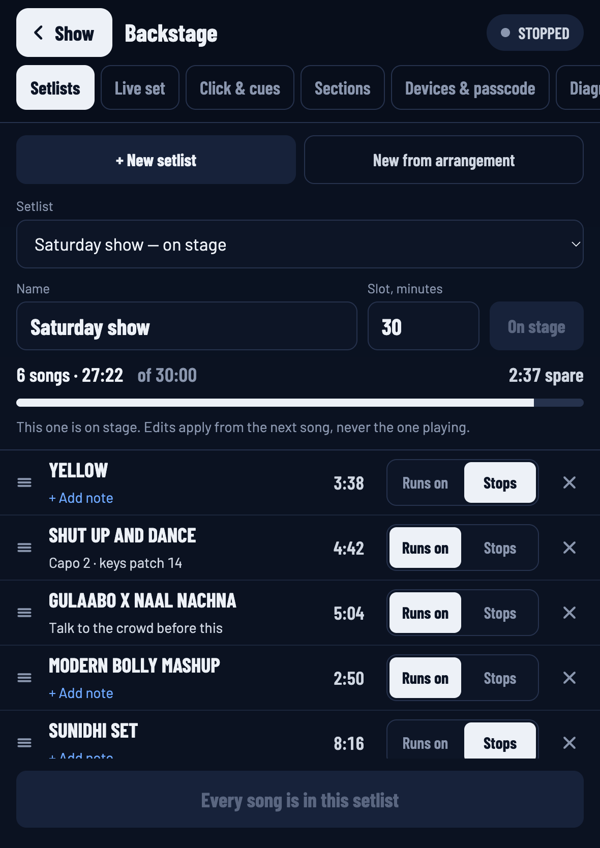The setlist editor at half width.