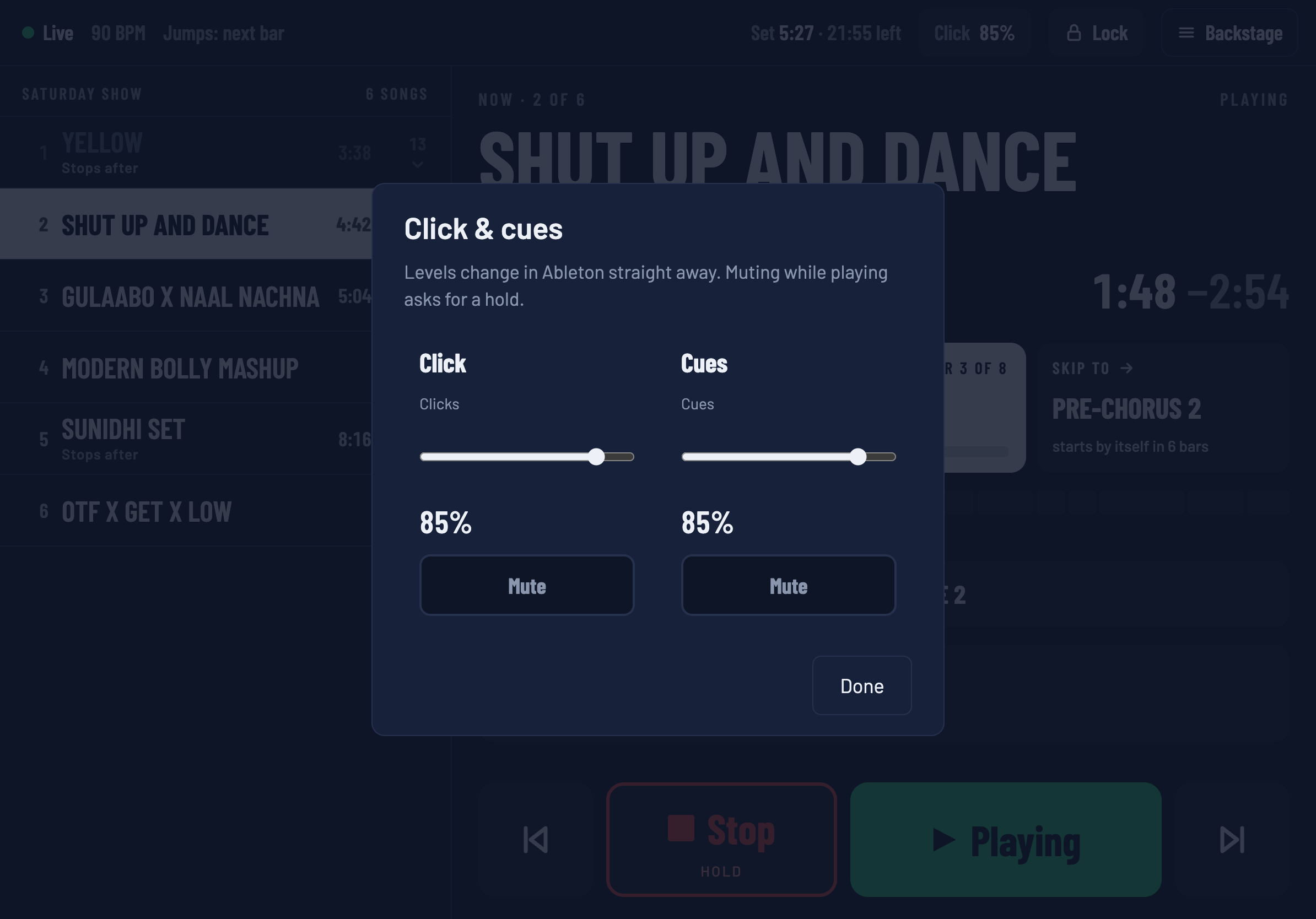 The Click and cues panel: a slider and a Mute button for each.