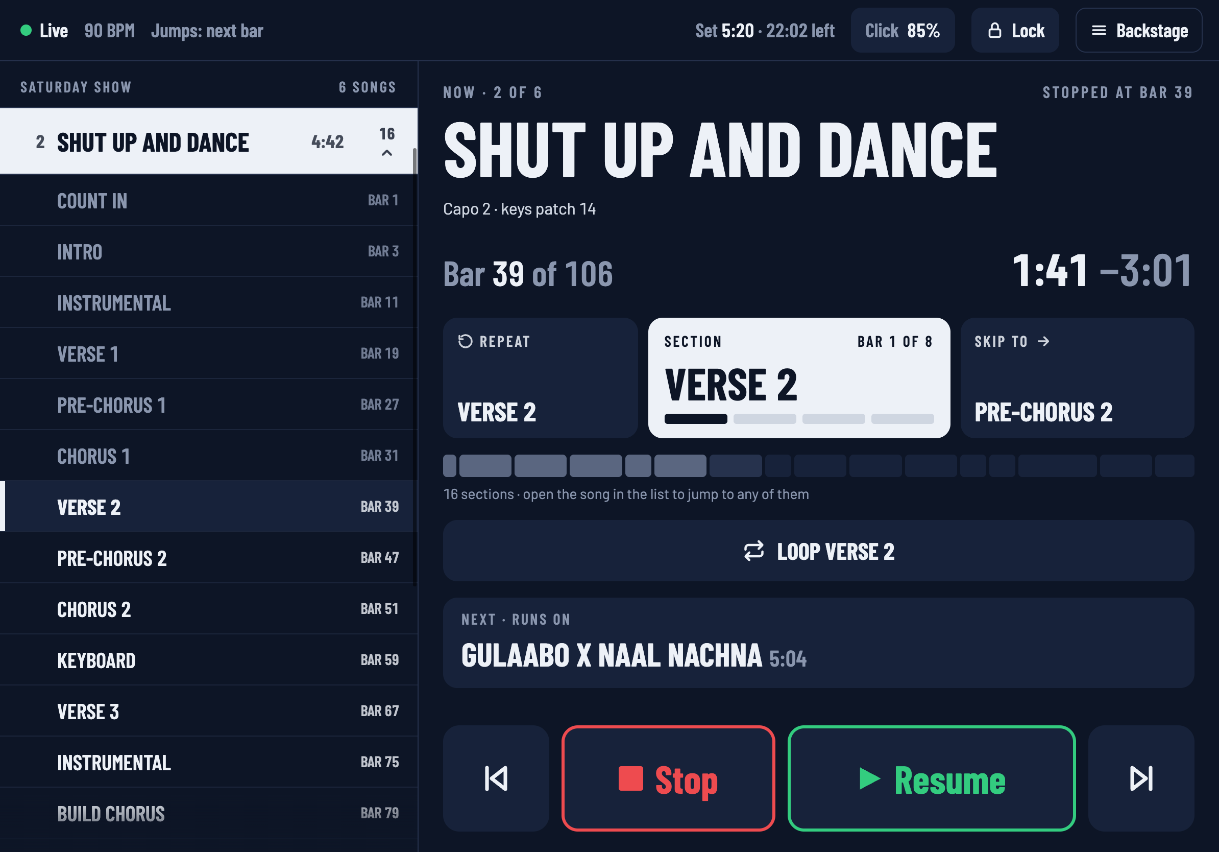 The show screen while stopped: every section can be tapped.
