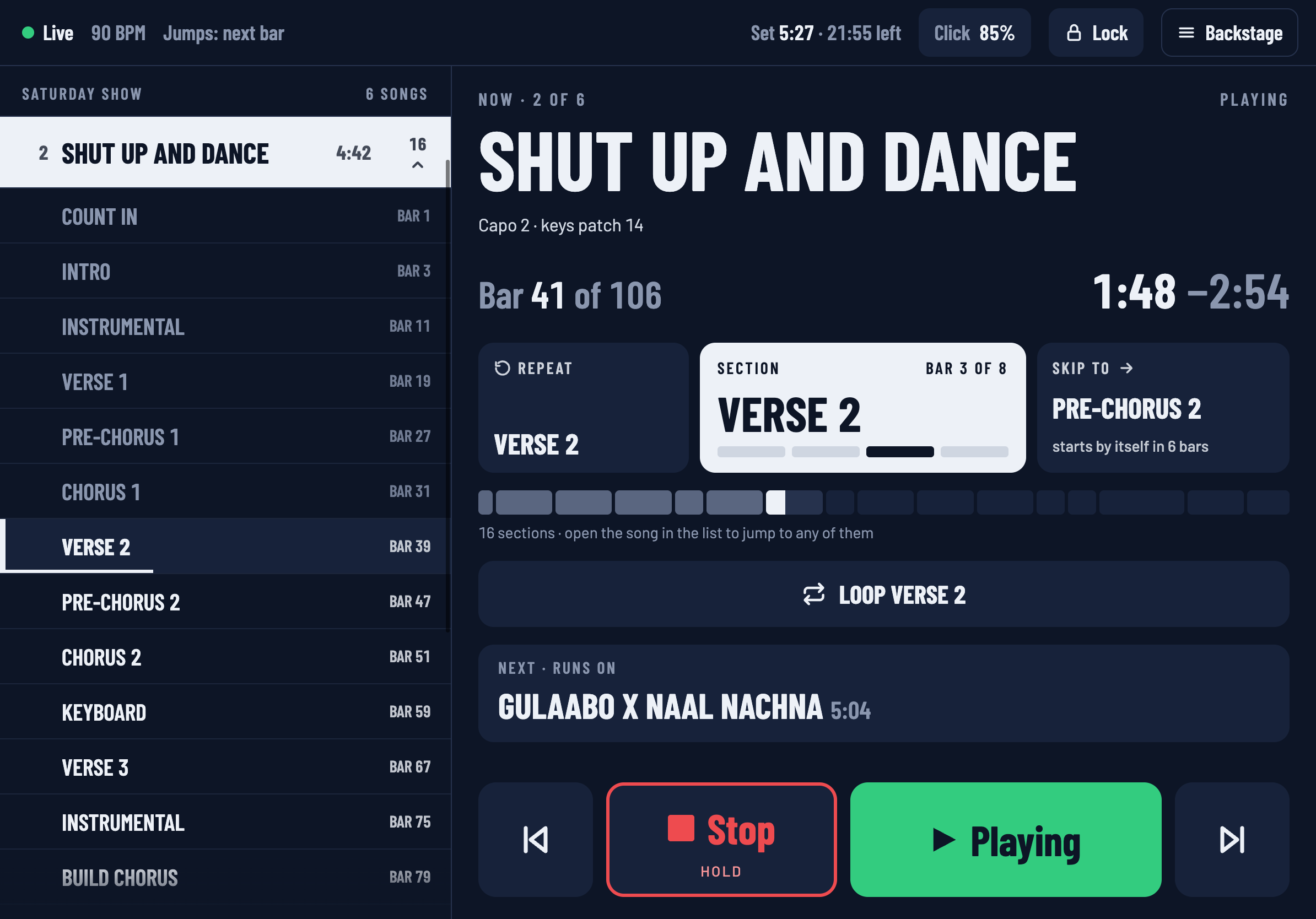The show screen on an iPad: the setlist on the left, the song that is playing on the right.